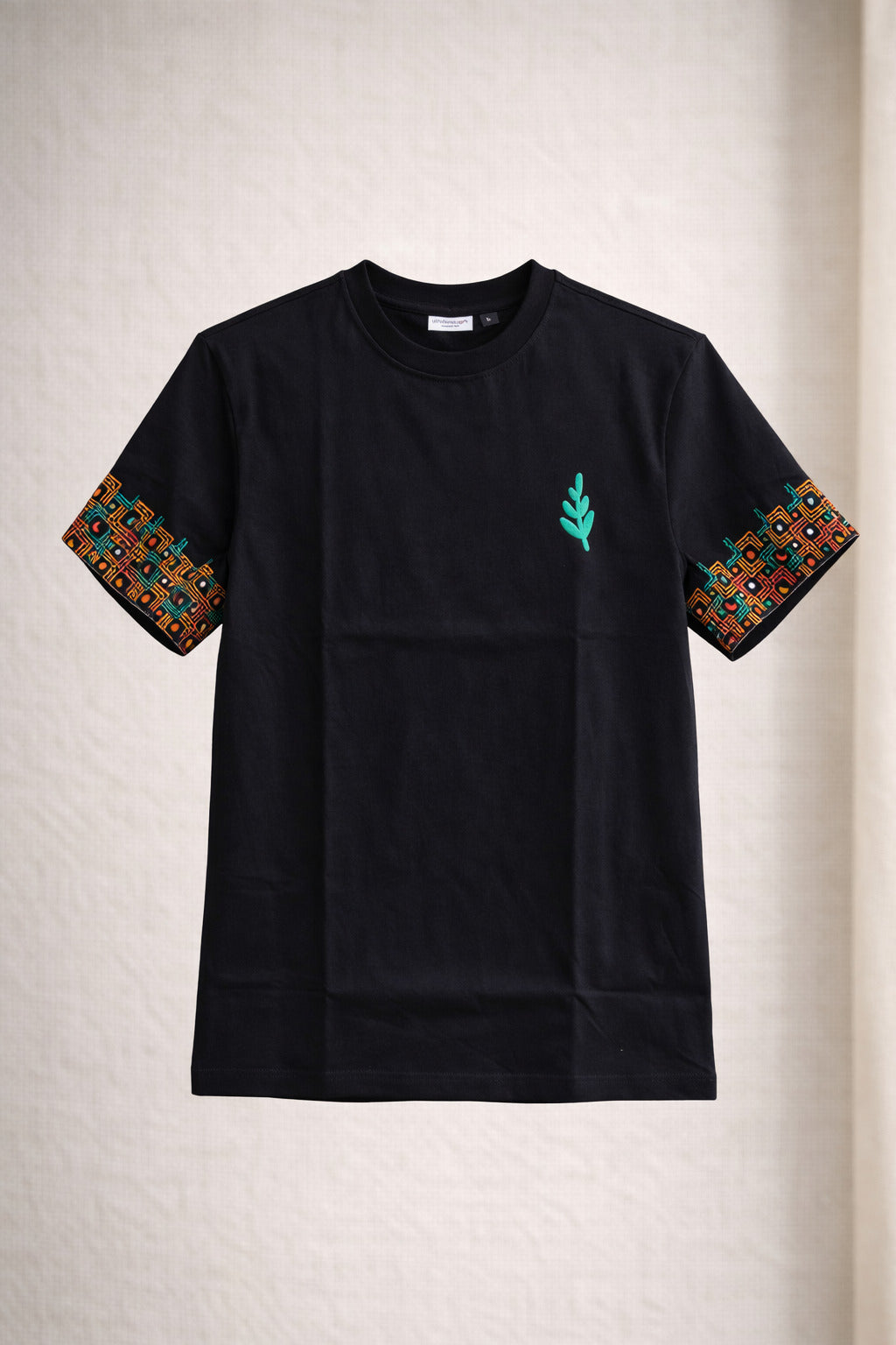 Artisan Botanical Black T-Shirt | Hand-Crafted Sleeve Design