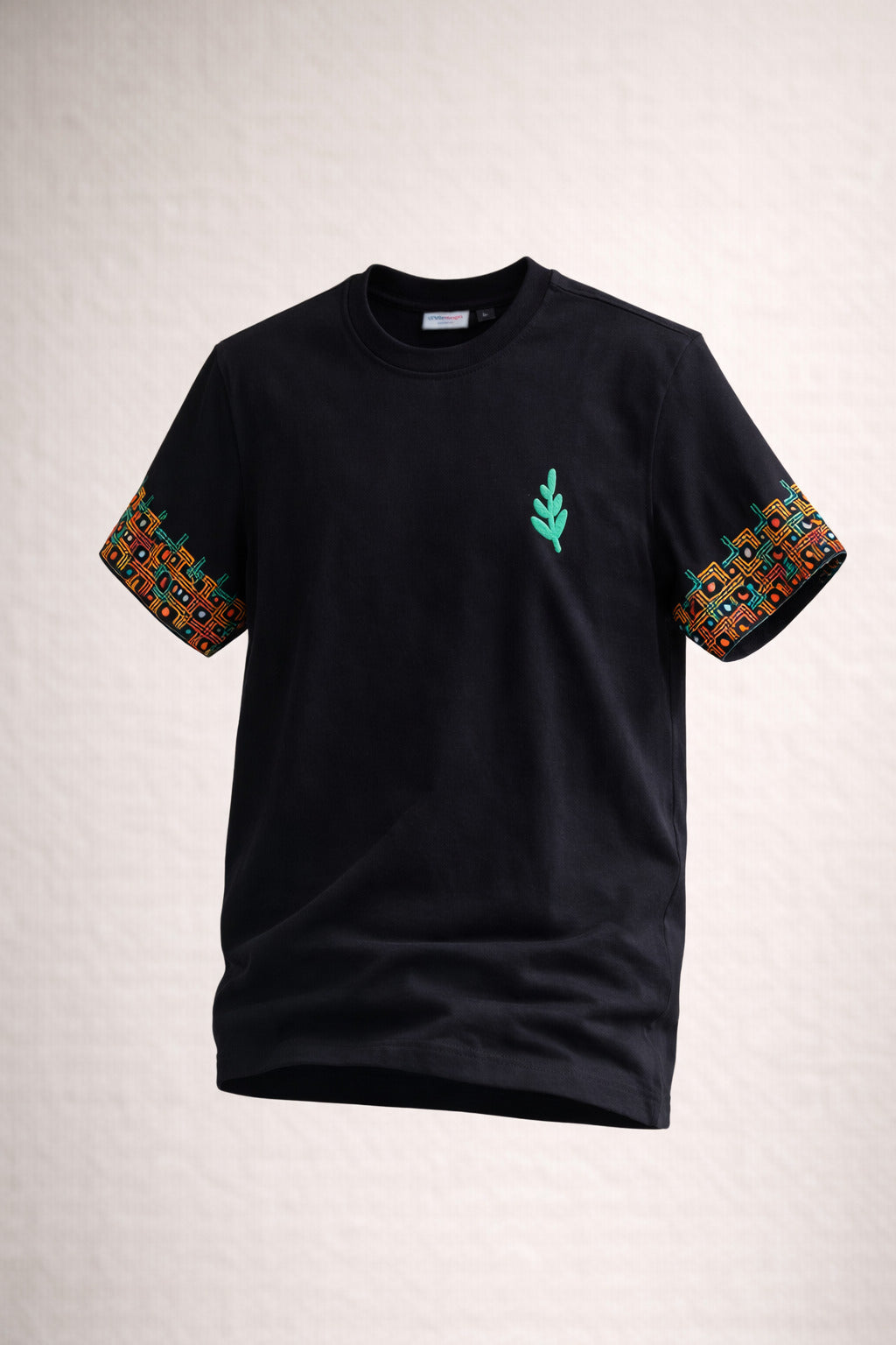 Artisan Botanical Black T-Shirt | Hand-Crafted Sleeve Design