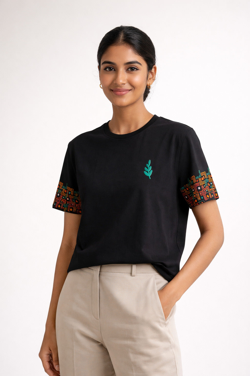 Artisan Botanical Black T-Shirt | Hand-Crafted Sleeve Design