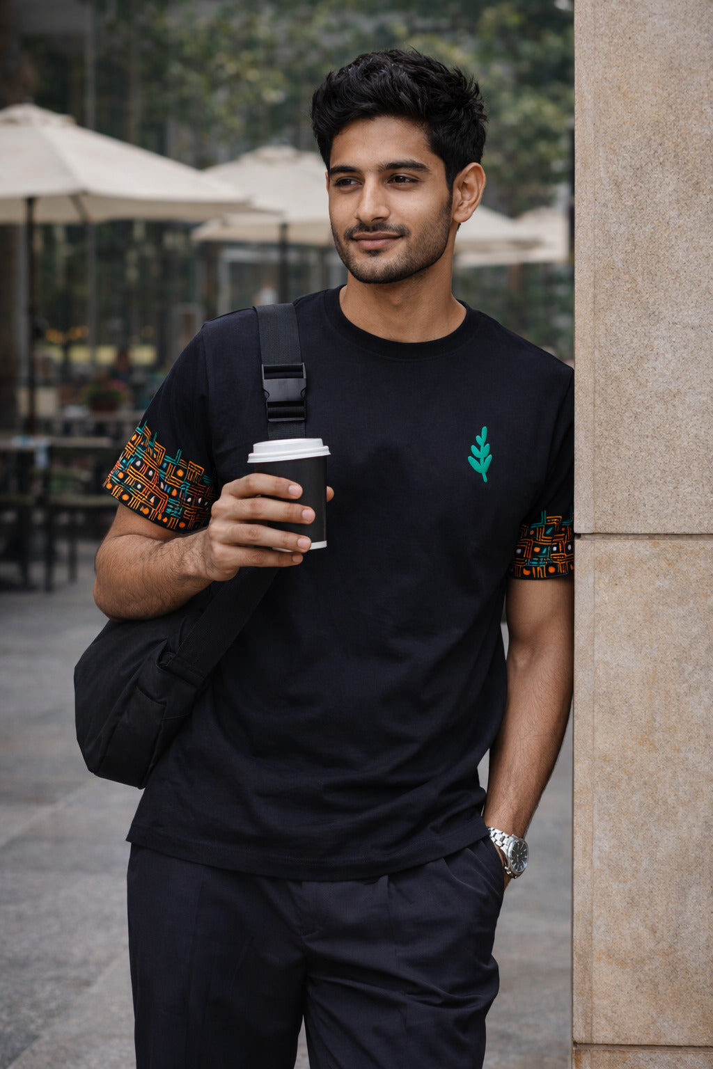 Artisan Botanical Black T-Shirt | Hand-Crafted Sleeve Design