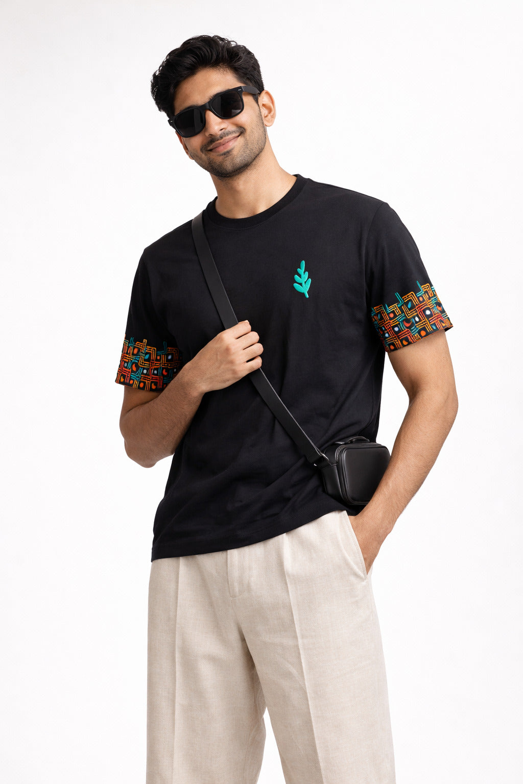 Artisan Botanical Black T-Shirt | Hand-Crafted Sleeve Design