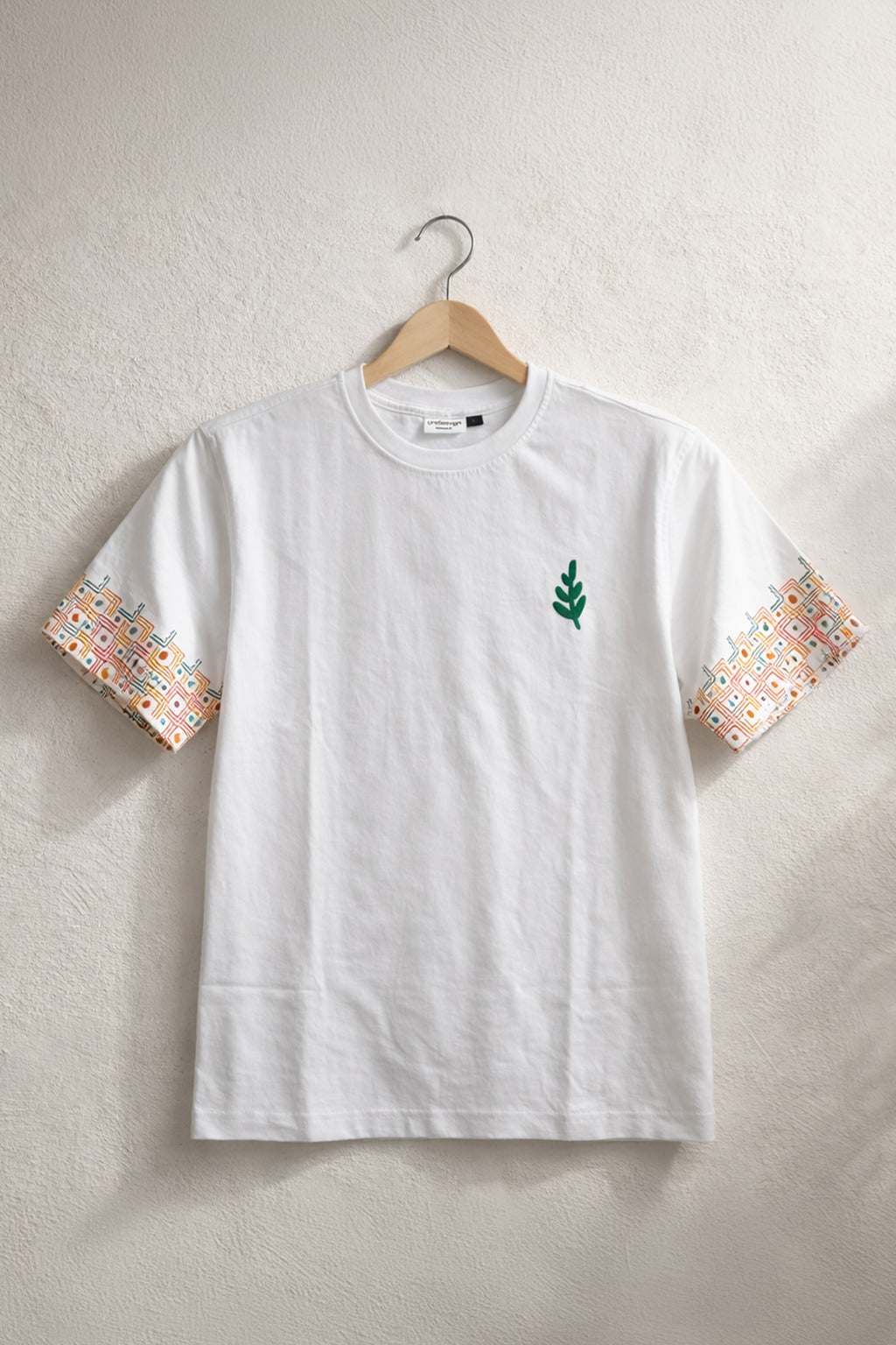 Artisan Botanical White T-Shirt | Hand-Crafted Sleeve Design