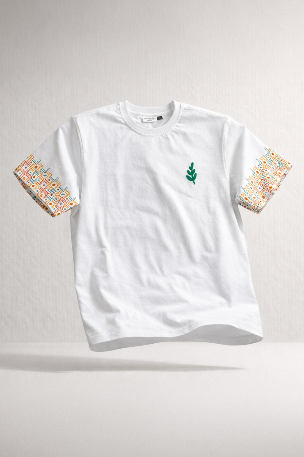 Artisan Botanical White T-Shirt | Hand-Crafted Sleeve Design