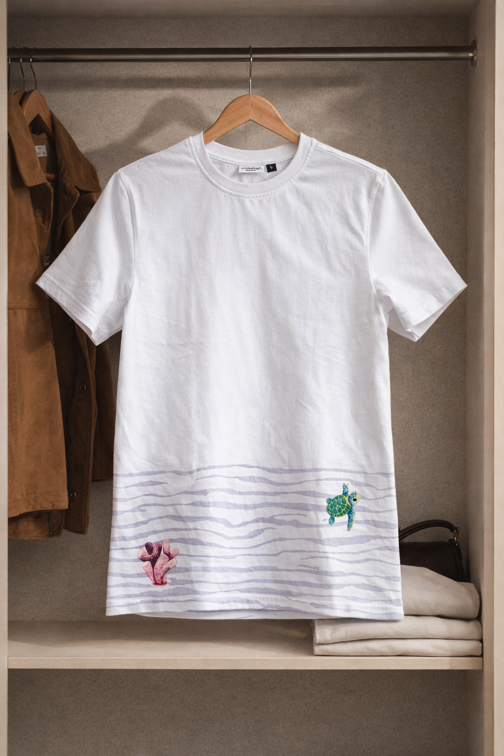 Ocean Wave White T-Shirt | Coastal Line Art Hem