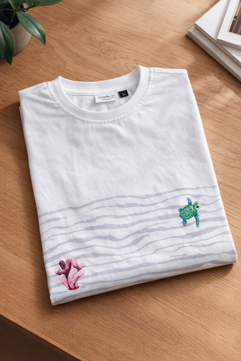 Ocean Wave White T-Shirt | Coastal Line Art Hem